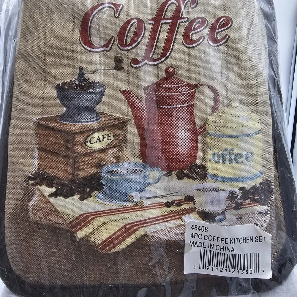 7 Pc Coffee Kitchen Set 2 Oven Mitts 3 Potholders 2 Towels Printed Hot Pads Cook